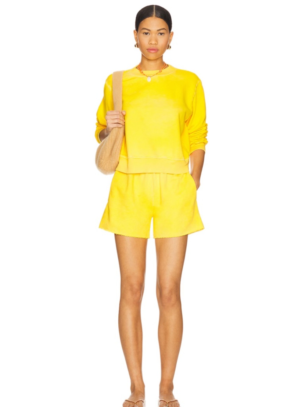Cotton Citizen Sunny Yellow Elastic-Waist Shorts with Blue Brand Tag
